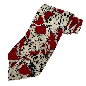 Vintage Nicole Miller Red Dalmatian Print Neck Tie Silk Hand-Sewn Made In Korea
